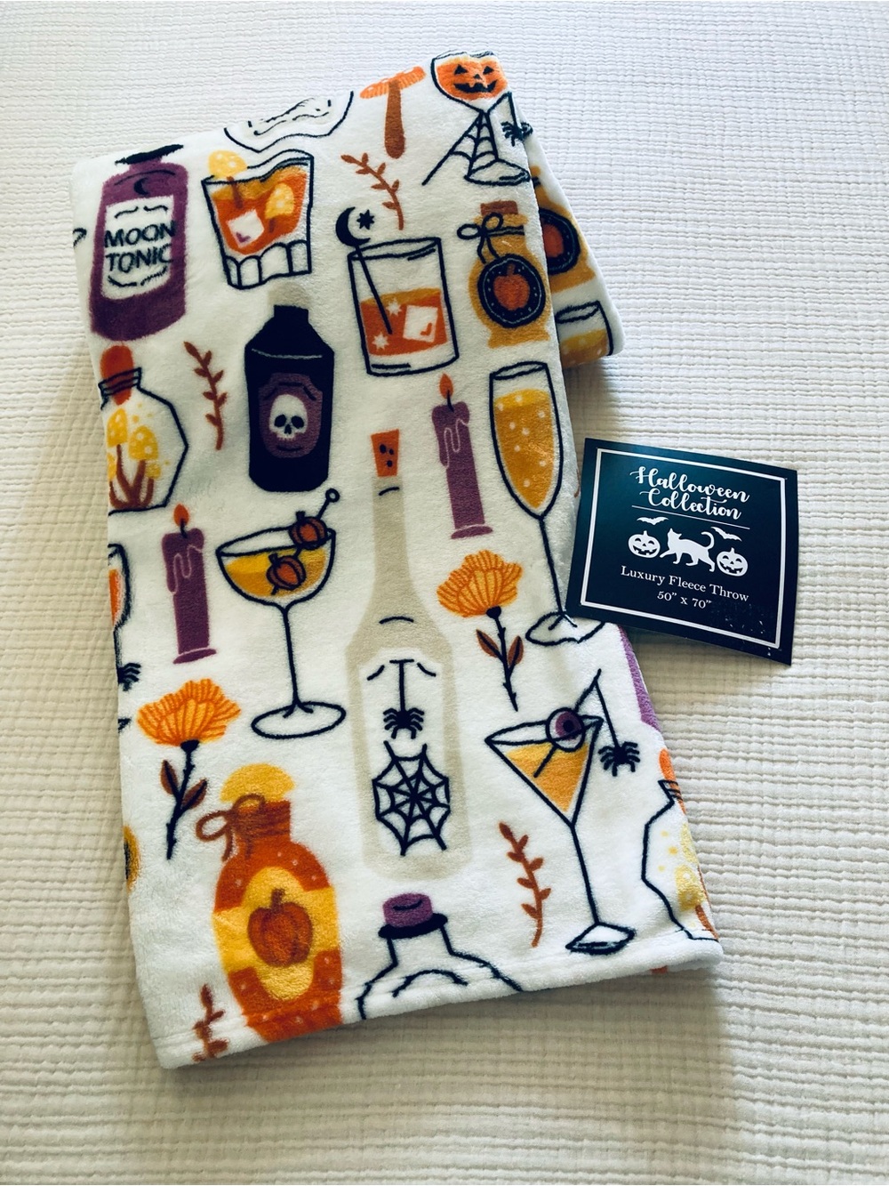 Halloween-Themed Luxury Fleece Throw - White with Orange & Purple Accents